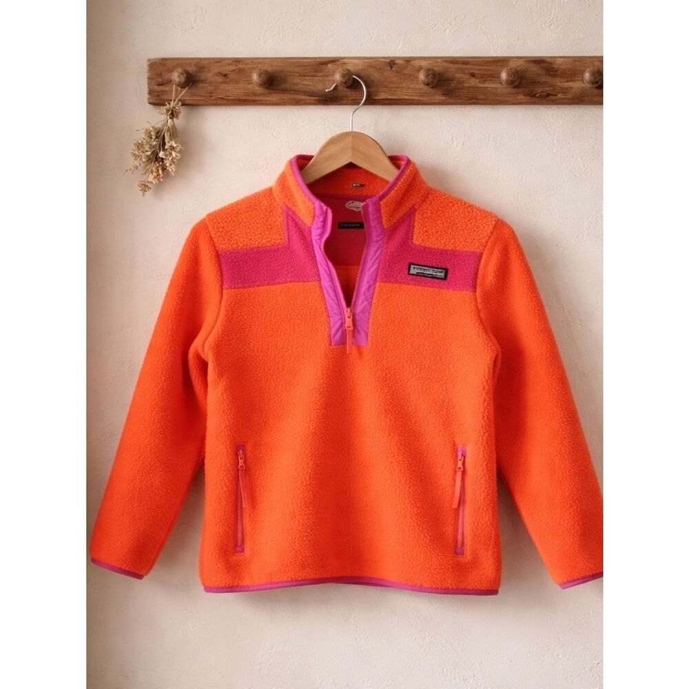 Vineyard Vines Kids Orange Fleece Pullover with Pink Trim
